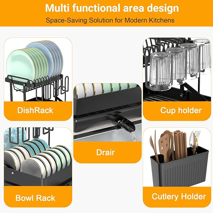 Large Dish Drying Rack 2 Tier for Kitchen Counter, Anti-Rust Metal Dish Rack with Lock & Lift System & Retractable Auto-Drain Spout, Escurridor de Platos with Cutting Board Holder, Black