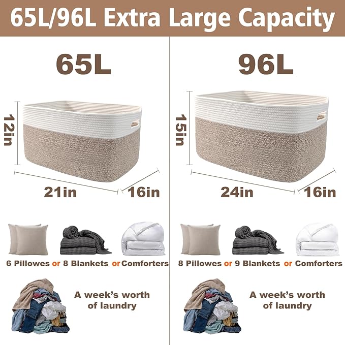 Woven Blanket Basket,65L Large Storage Bin for Blankets Toys Clothes,Decorative Rope Basket for Living Room Bedroom with Handles, White&Oatmeal