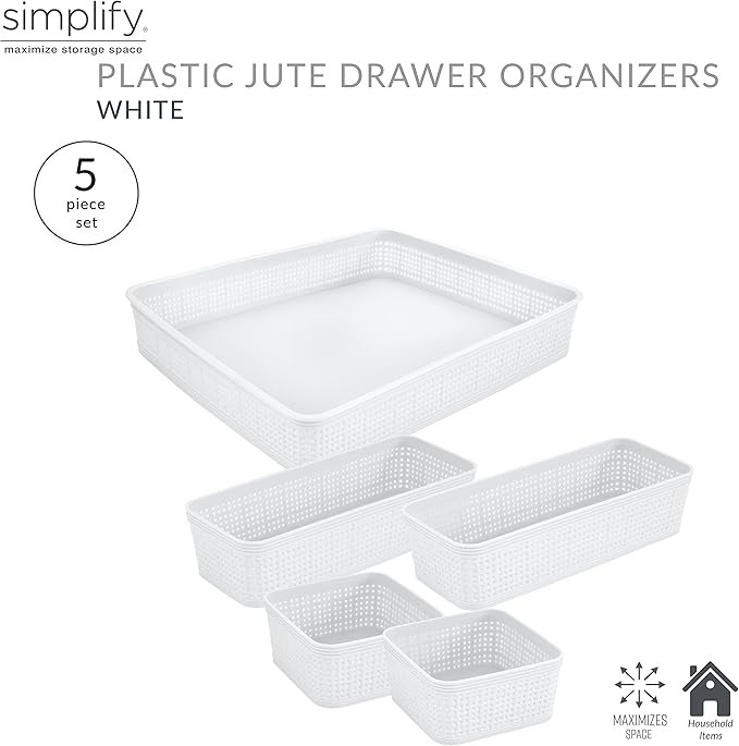 Simplify 5 Piece Organizing Set | Multiple Size Bins | Multipurpose | Office | Desk | Dorm | Bathroom | Storage Basket | Small Items | Accessories | White