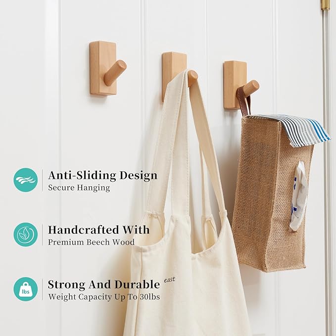Beech Wood Coat Rack, 4 Pack Coat Hooks Mounted Rustic Wooden Wall Hooks Entryway Rack for Clothes Hats Towel Purse Robes, Bathroom Mudroom Bedroom