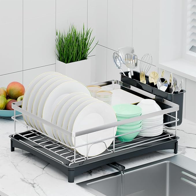 Dish Drying Rack - Space-Saving Dish Rack for Kitchen Counter with Removeable Cutlery Holder,Rustproof & Sturdy Auto-Drain Organizer for Plates,Cups,Knife,Silvery