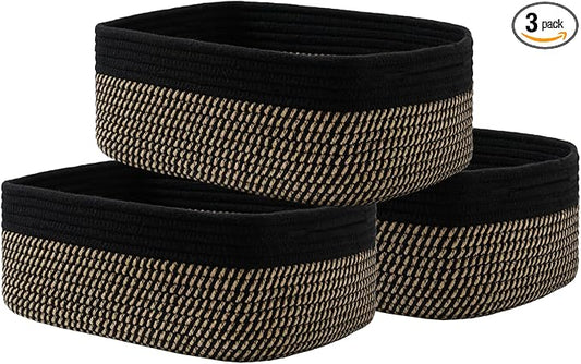Small Woven Basket, 13.5 x 9.5 x 5 Inches, Storage Basket for Organizing, Cute Small Rope Shelf Closet Cube Storage Bins Baskets for Shelves, Dog Toy Gift Baskets Empty, 3 Pack Black & Brown