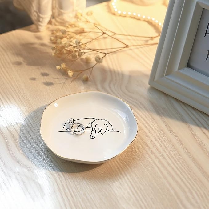 HOME SMILE Sleeping Dog Ring Dish Jewelry Tray, Christmas Gifts for Dog Mom, Ceramic White, 4"