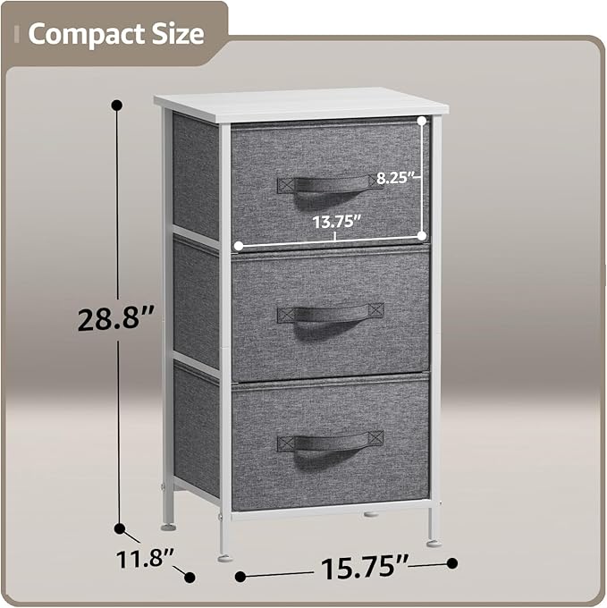 Sorbus Nightstand with 3 Drawers - Bedside Furniture & Night Stand End Table Dresser with Steel Frame, Wood Top, Easy Pull Fabric Bins for Home, Bedroom Accessories, Office & Dorm