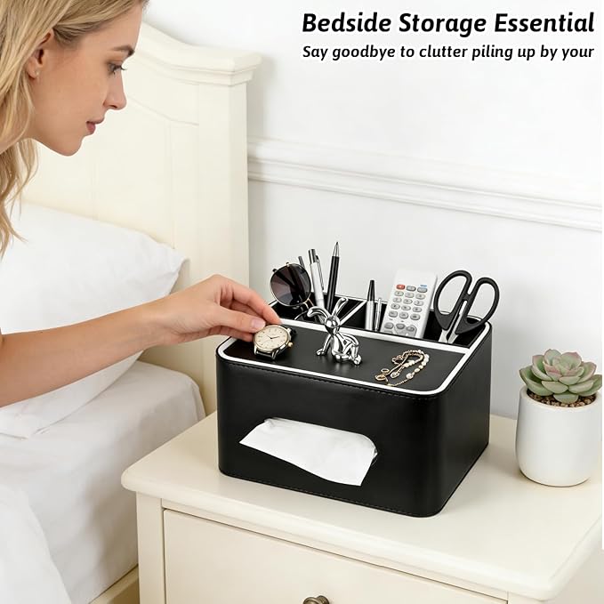 PU Leather Tissue Box Cover Square - Multifunctional Tissue Box Holder with Storage, Tissue and Remote Control Holder Organizer with Compartments for Bedroom Nightstand, Desk, Living Room (Black)