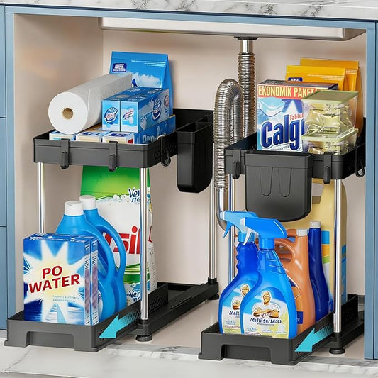Under Kitchen Sink Organizer, 2-tier Under Sink Organizers and Storage for Kitchen & Bathroom, Multi-Purpose Pull Out Under Cabinet Organizer with Hooks Hanging Cup (Black, 2 Pack)