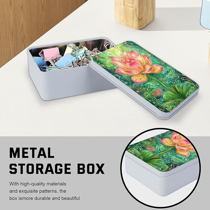 Metal Tin Box with Lid,Multi-functional Storage Large Box Can Store Tea Biscuits Game Cards, Playing & Tarot Cards-Comes with 4 Magnetic Cord Clips,Lotus Flower Art