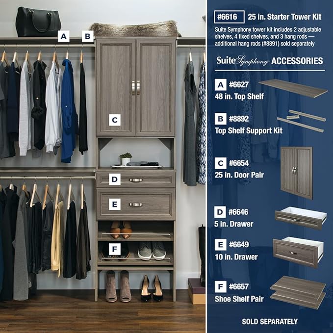 ClosetMaid SuiteSymphony Wood Shoe Shelves Set, Add On Accessory, Angled, Shoe Fence, for 25 in. Units, Graphite Grey/Satin Nickel