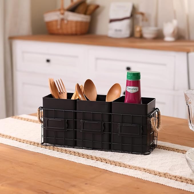 NIKKY HOME Farmhouse 3 Compartment Flatware Cutlery Caddy Countertop Silverware Holder for Spoons, Knives, Forks - Black