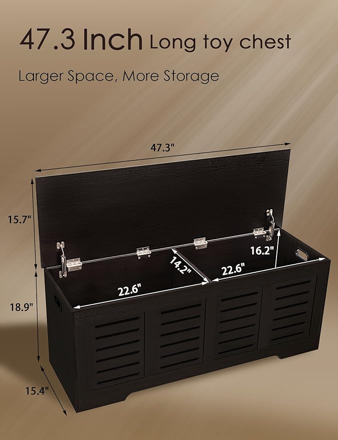 DINZI LVJ Storage Chest, 47.3â Wooden Toy Box with 2 Safety Hinges, Retro Entryway Shoe Storage Bench with Flip-Top, Sturdy Large Storage Trunk for Living Room, Bedroom, Easy Assembly, Espresso