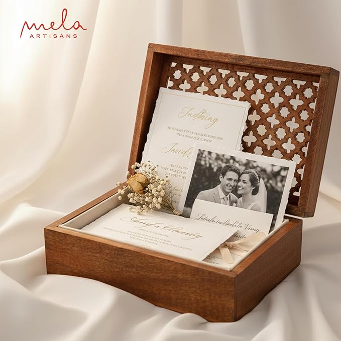 Mela Artisans Large Wooden Keepsake Box | Medium Polish Memory & Decorative Storage Box for Jewelry, Photos & Trinkets with Hinged Lid | vintage Storage Box | Trellis Design | 9 x 6 x 3.5