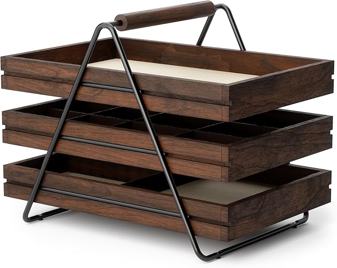 Umbra 1004037-048 Terrace Jewelry Tray â Three-Tier Jewelry Tray With Three Sliding Linen Lined Wood Trays With Metal Frame and Handle, Easy Storage and Access, Black/Walnut Finish