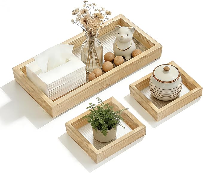 Small Bathroom Countertop Wooden Tray Set of 4 for Vanity and Toilet Tank, Stackable Desk Drawer Organizer, Wood Color