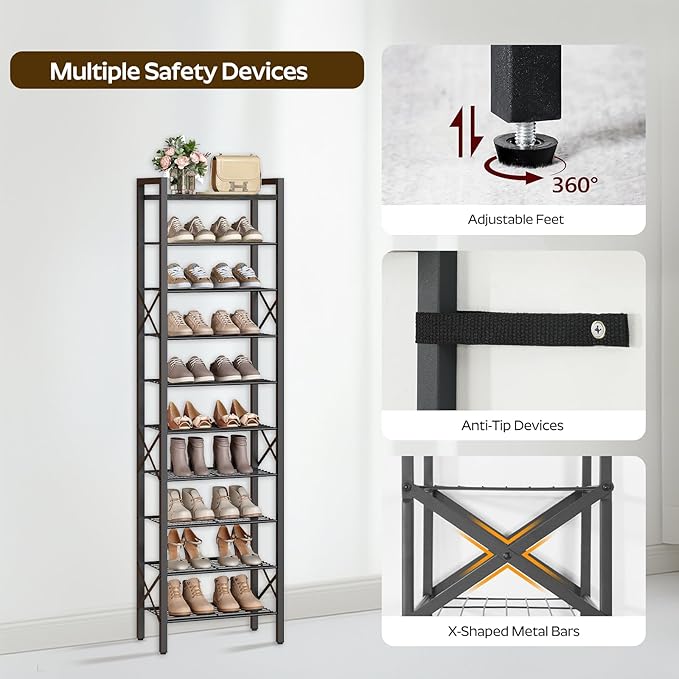 10-Tier Narrow Shoe Rack, Tall Shoe Rack for 10-20 Pairs, Slim Shoe Storage Organizer with Wooden Top, Space Saving, Metal Frame, for Entryway, Charcoal and Black SS68BC