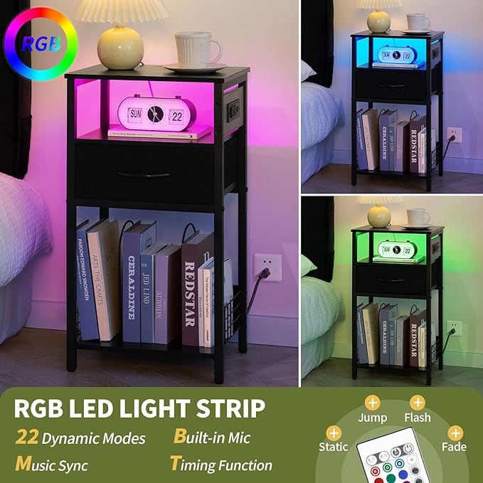Yoobure Record Player Stand with Storage - End Table with Charging Station & LED Lights, Vinyl Record Storage Holds Up to 100 Albums, Nightstand with Drawer for Living Room Bedroom, Black