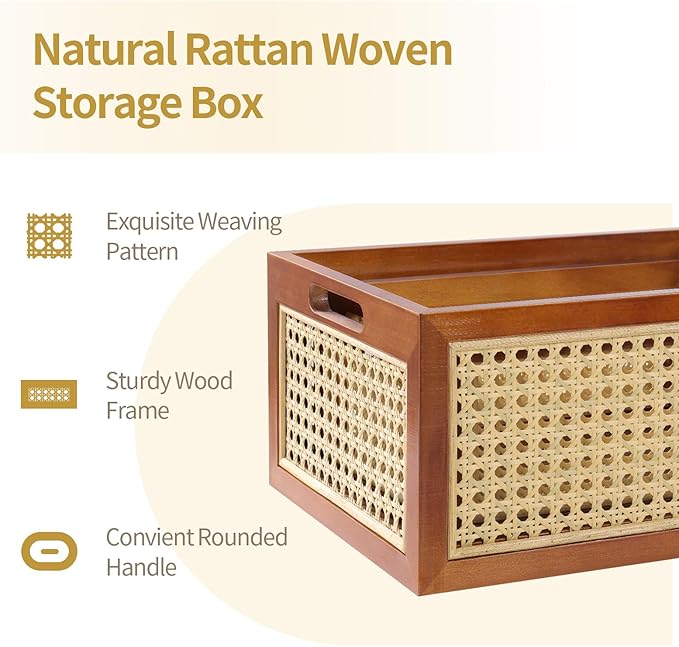 Rattan Storage Basket Large Handmade Woven Storage Bin for Organizing Decorative Wooden Box for Rustic Farmhouse Decor Home Office Tabletop Shelf Organizer, 13.8"L x 9.8"W x 6.3"H