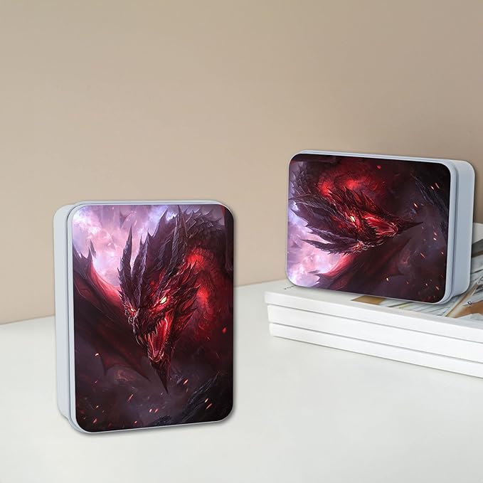 Metal Tin Box with Lid,Multi-functional Storage Large Box Can Store Tea Biscuits Game Cards, Playing & Tarot Cards-Comes with 4 Magnetic Cord Clips,Red Dragon Portrait