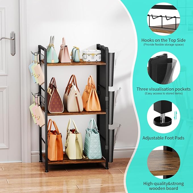 HapiRm Purse Organizer Storage Rack - Floor-Standing 3 Tier Purse Holder with Side Hooks and Transparent Pockets for Handbag Storage, High-Capacity Bag Organizer for Closet, Home, Living Room