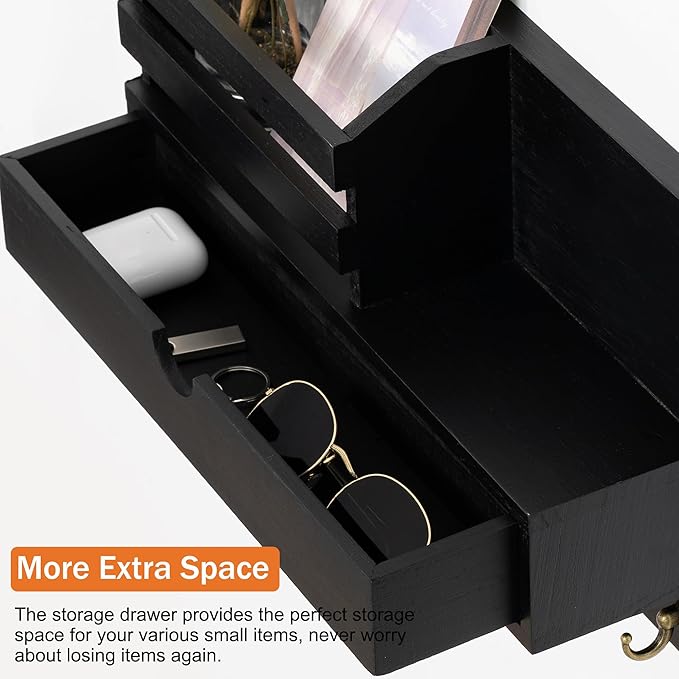 Key and Mail Holder for Wall, Mail Organizer Wall Mount with 6 Hooks and Storage Drawer, Wooden Key Rack Hanger with Shelf for Entryway and Home Decor