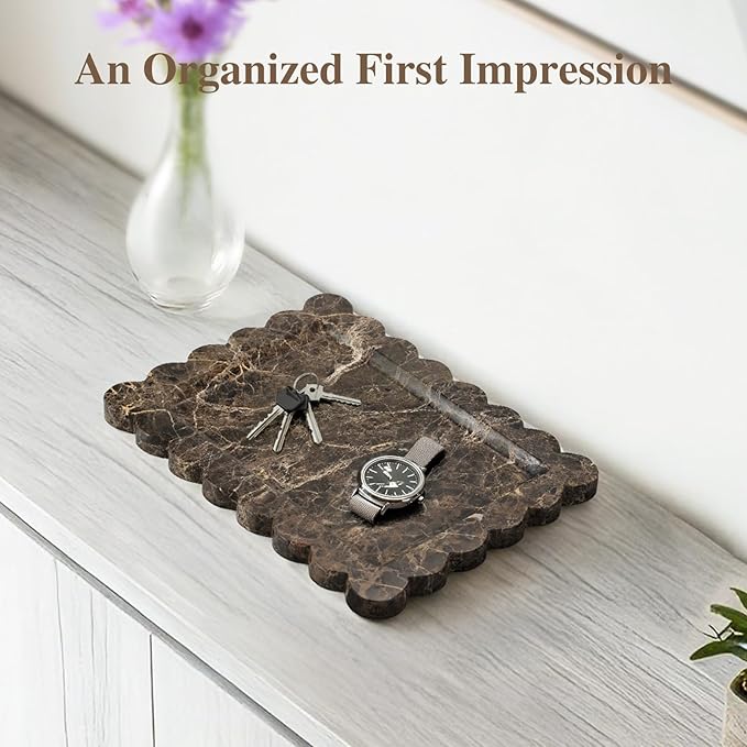 Rectangle Marble Tray with Scalloped Edge, Dark Brown Decorative Tray for Bathroom Vanity, Kitchen Counter, Dresser Top Organizer, Perfume Jewelry Holder, 11x8 Inch Natural Stone Home DÃ©cor