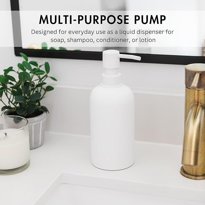 Matte White Round Soap Dispenser for Kitchen & Bathroom – 15 oz Refillable Resin Pump Bottle for Dish Soap, Hand Soap, Shampoo, Conditioner – Modern Countertop Dispenser with Non-Slip Protective Pads