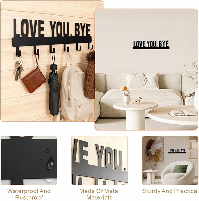 2 Piece Key Holder Wall Mount, Love You Bye Key Holder for Wall, Key Holder Hook Rack Organizer Hanger with 6 Hooks for Entryway, Front Door, Hallway, Living Room