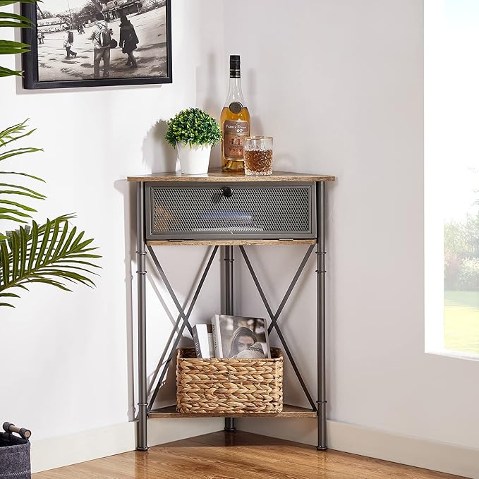 VECELO Corner Cabinet/Table, 3-Tier Display Shelves with Protection Door, Metal Frame Storage Shelf Organizer for Small Space, Living Room, Kitchen, Bathroom