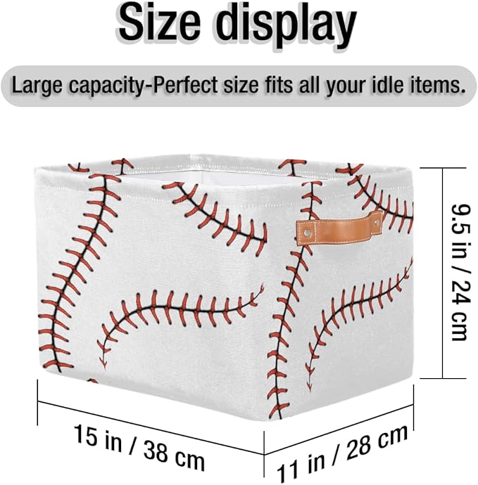 AUUXVA Storage Basket Baseball Stitches Storage Cube Box Sport Baseball Basket Softball Canvas Collapsible Toy Storage Bin Shelf Kids Gift Basket with Handles, 1Pc