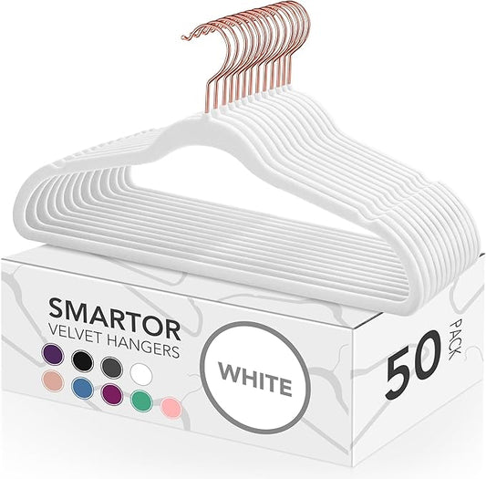 Smartor White Velvet Hangers 50 Pack, Non Slip Clothes Felt Hanger Heavy Duty for Coat, 360° Rotating Rose Glod Hook, Premium Slim Space Saving Hangers for Closet Organizer and Storage