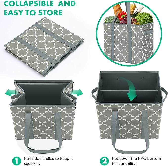 WISELIFE 3-Pack Reusable Grocery Bags Foldable Washable Storage Bins Basket Water Resistant Shopping Utility Tote Bag Grey