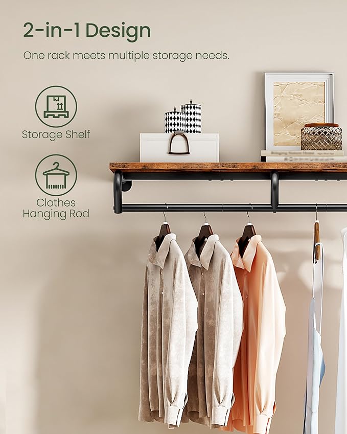 Wall Mounted Clothes Rack, Metal Garment Rack with Top Shelf, Laundry Storage Shelf with Hanging Rod, for Laundry Room, Bedroom, Entryway and Storage Room, Rustic Brown and Black TYM02BF