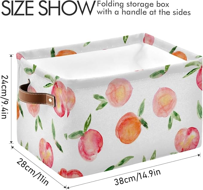 susiyo Large Foldable Storage Bin, Watercolor Peaches Fabric Storage Baskets Collapsible Decorative Baskets Organizing Basket Bin with PU Handles for Shelves Home Closet Bedroom Living Room-2Packs