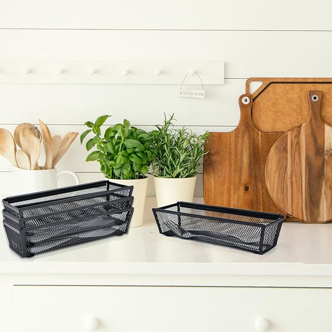 2PCS Drawer Organizer for Kitchen,Utensil Mesh Drawer Organizer with Interlocking Arm for Cosmetic,Flatware,Pen (9 * 3 * 2 Inches,Black)