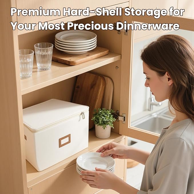 HOMELUX THEORY Hard Shell China Storage Containers, 8pc Ivory Mug & Plate Storage Box, Kitchen Storage Bins W/Lids, Heavy Duty Moving Box with Handles for Dishes, Glassware, Silverware, Cup & Mug