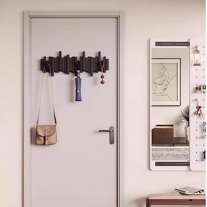 Piano Coat Rack Wall Mount, Wooden Magnetic Wall Hooks with Flip-Down Design, 50lbs Load Capacity Space-Saving Key Holder for Entryway, Bedroom, Hallway - Splicable Wall Art Decor (walnut, 6Hooks)