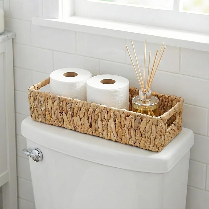 Toilet Paper Storage Basket for Bathroom, Water Hyacinth Toilet Tank Baskets Organizer, Wicker Small Basket Woven Long Narrow Baskets for Back of Toilet Both Storage&Decor, Set of 2