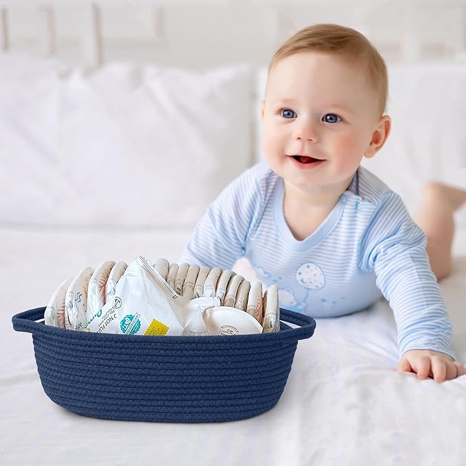Dark Blue Small Woven Basket, 13â x 9â x 5â Baskets for Gifts Empty, Cotton Rope Gift Basket, Cute Nursery Baby Organizer, Cat Dog Toy Box, Oval Wicker Storage Bin with Handle