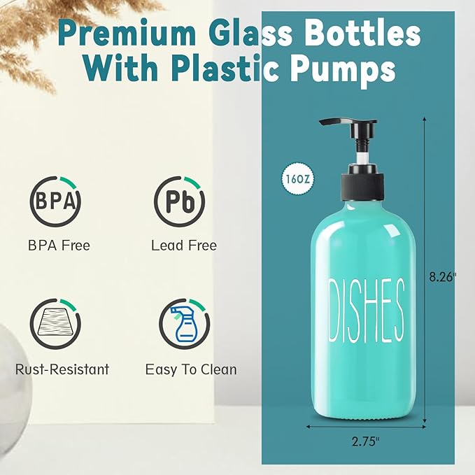 Glass Soap Dispenser Set 2 Pack,16 Oz Dish Soap Dispenser for Kitchen Sink,Teal Kitchen Accessories and Kitchen Decor,Turquoise Decorations and Kitchen Utensils for Kitchen