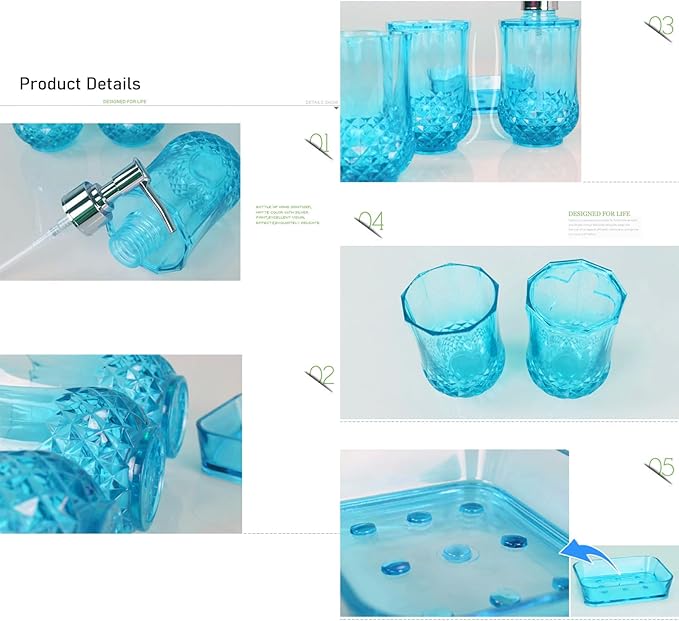 Bathroom Accessories Set of Acrylic Plastic soap Dispenser, Toothbrush Holder, Toothbrush Cup, soap Dish, Blue Bathroom Accessories 4pcs Set (Blue)
