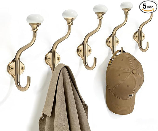 TUNNY Coat Hooks - 5 Pack Champagne Bronze Towel Hooks Robe Hooks Decorative Wall Hooks for Bathroom Bedroom Kitchen Towel Robe Clothes Cabinet Closet Bathroom Hardware