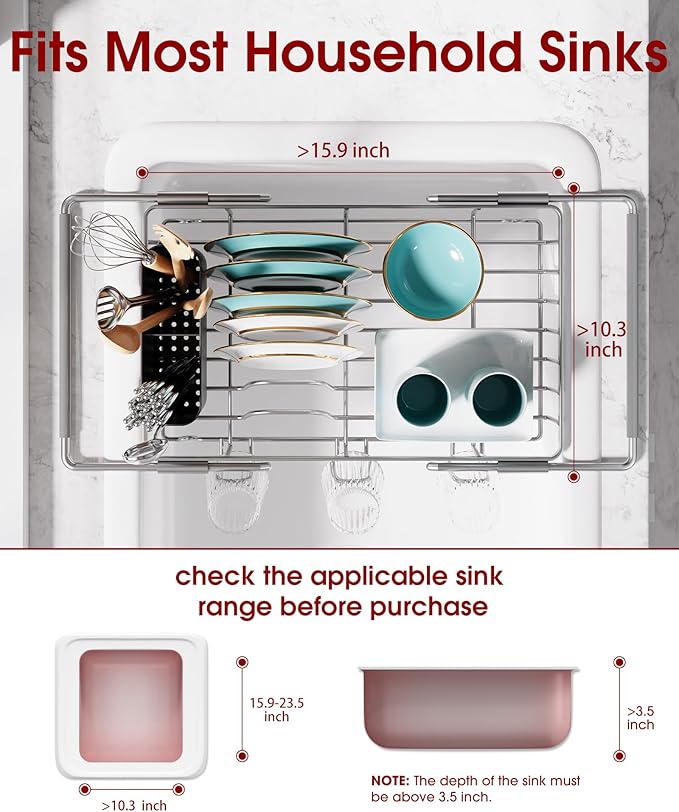 Dish Drying Rack in Sink - Expandable Stainless Steel Dish Rack Over the Sink, Kitchen Sink Drain Strainer with Cutlery Holder & Cup Holders, 15.4 x 9.8 x 3.0 Inch, Grey