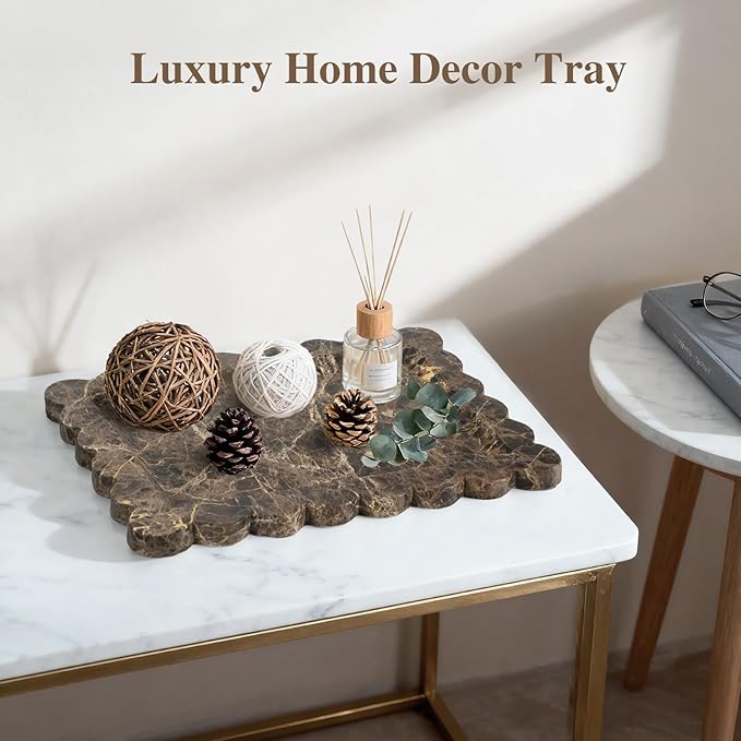 Rectangle Marble Tray with Scalloped Edge, Dark Brown Decorative Tray for Bathroom Vanity, Kitchen Counter, Dresser Top Organizer, Perfume Jewelry Holder, 11x8 Inch Natural Stone Home DÃ©cor