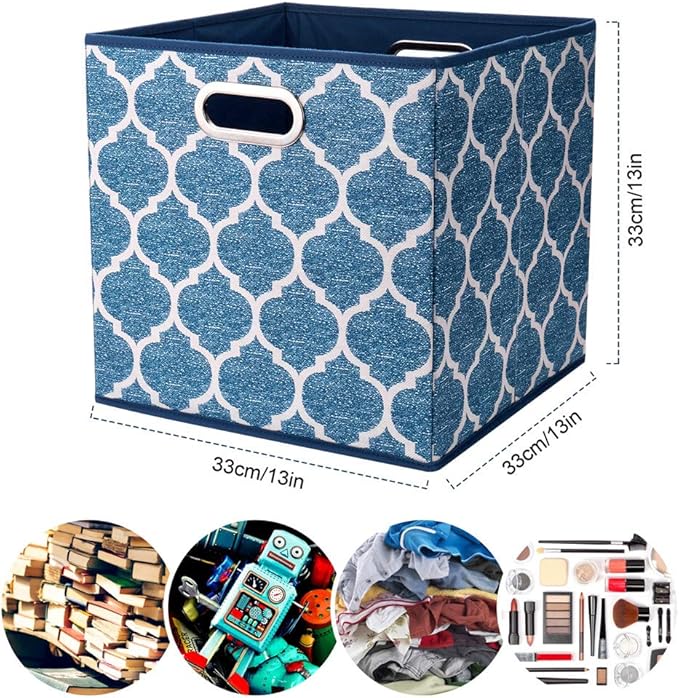 13x13x13 Inch Cube Storage Bins Blue Navy Foldable Grid Lantern Print Fabric Storage Basketes for Home Organizers Storage Drawer,QY-SC02-6