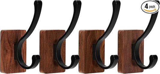 4 Pack Wooden Wall Hooks, Adhesive and Screw Mounted for Heavy Duty, Boho Decorative Coat Hooks for Towel, Clothes, Blanket, Hat, Entryway, Nursery Door