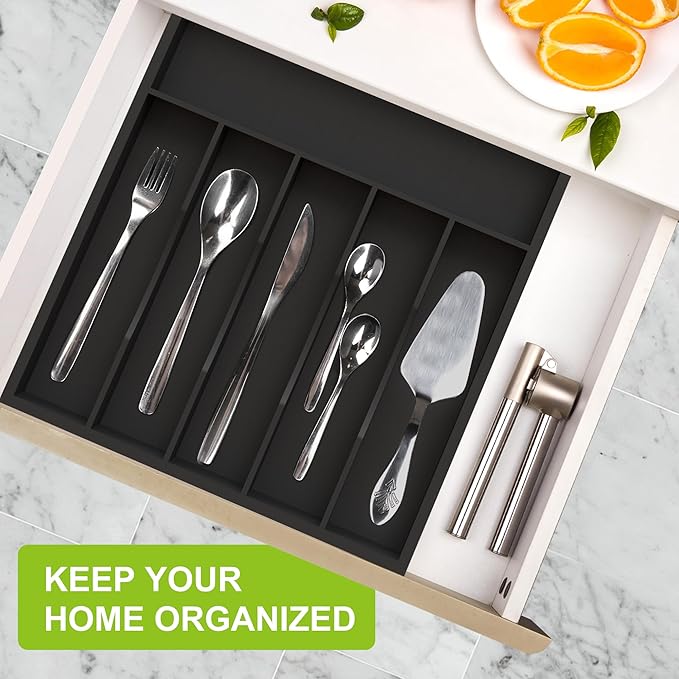 Sliverware Organizer, Bamboo Kitchen Drawer Organizer, Flatware Organizer Tray Holder for Sliverware, Utensil & Cutlery (Black, 7 Slots)