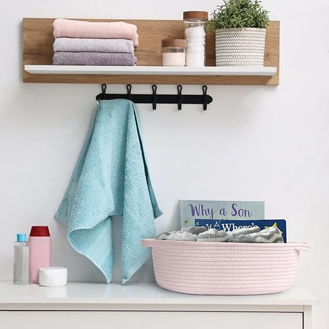 Pink Small Woven Basket, 13â x 9â x 5â Baskets for Gifts Empty, Cotton Rope Gift Basket, Cute Nursery Baby Organizer, Cat Dog Toy Bin Box, Wicker Storage Bin with Handle