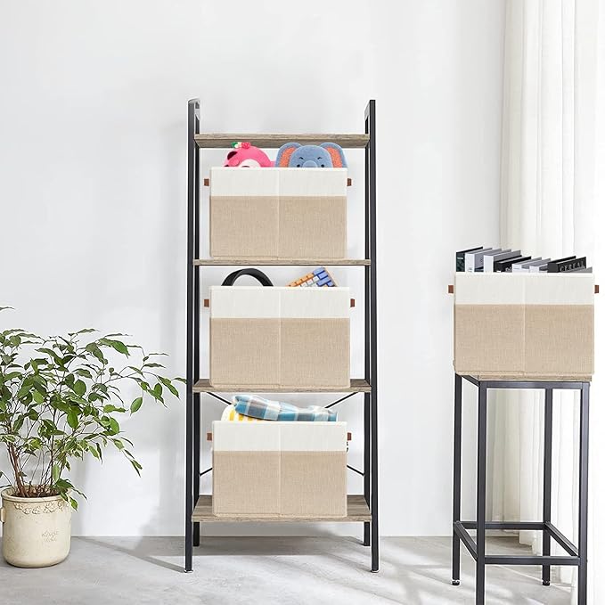 SNWDN 6 Pack Fabric Storage Baskets for Organizing Collapsible Fabric Storage Bins with Handles for Home and Office Organizing (White/Beige 11x11x11 Inches)