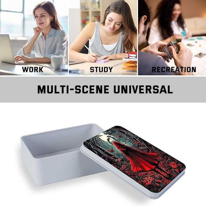 Metal Tin Box with Lid,Multi-functional Storage Large Box Can Store Tea Biscuits Game Cards, Playing & Tarot Cards-Comes with 4 Magnetic Cord Clips,Red Hood in Forest