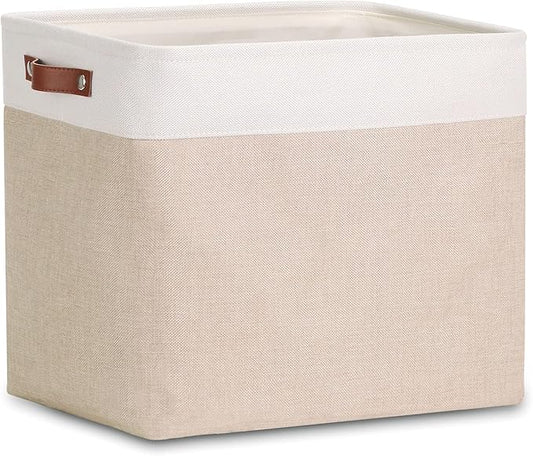 DULLEMELO Large Collapsible Storage Basket/Bin with Sturdy Leather Handles, Fabric Organizer Bin for Storage Clothes, Toys, Books, Office, Bedroom, Closet, Nursery & Laundry (White&Khaki)