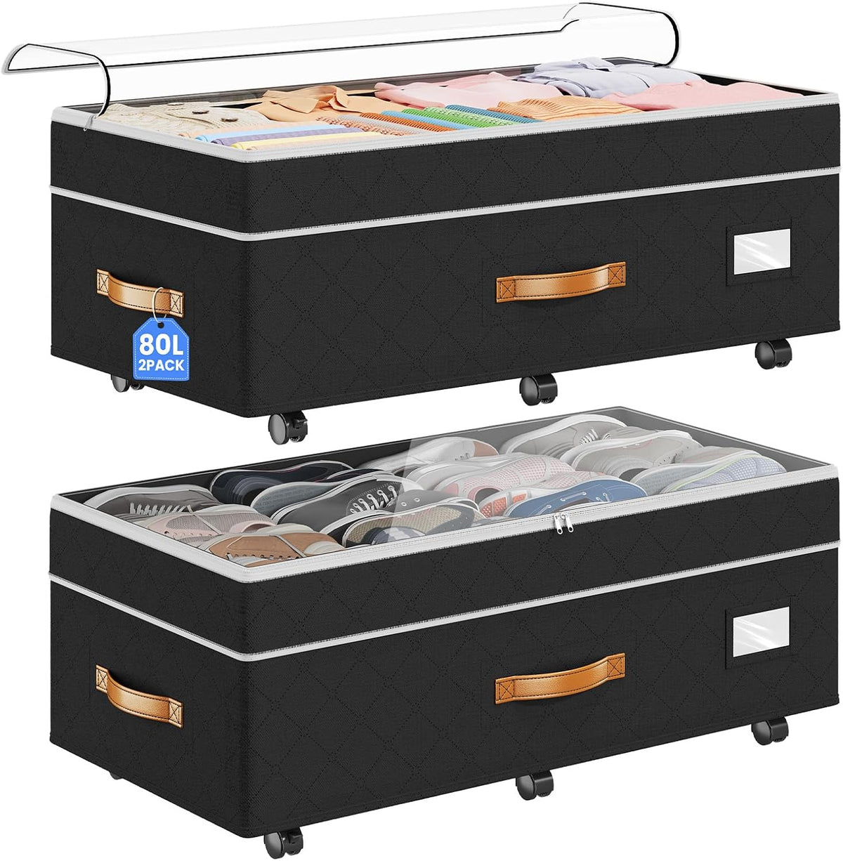 Budding Joy 80L 2 Pack Adjustable Under Bed Storage with Wheels Underbed containers with clear lids, rolling under bed shoe storage organizer for dorm home clothes, blankets, toys, black